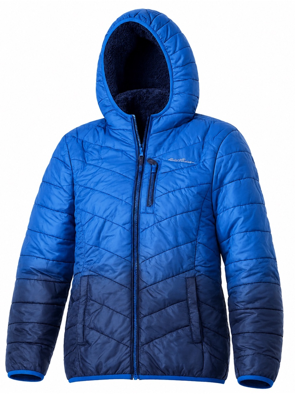 Eddie Bauer Women’s Reversible Puffer Jacket Blue Sherpa Hooded Coat XS/S